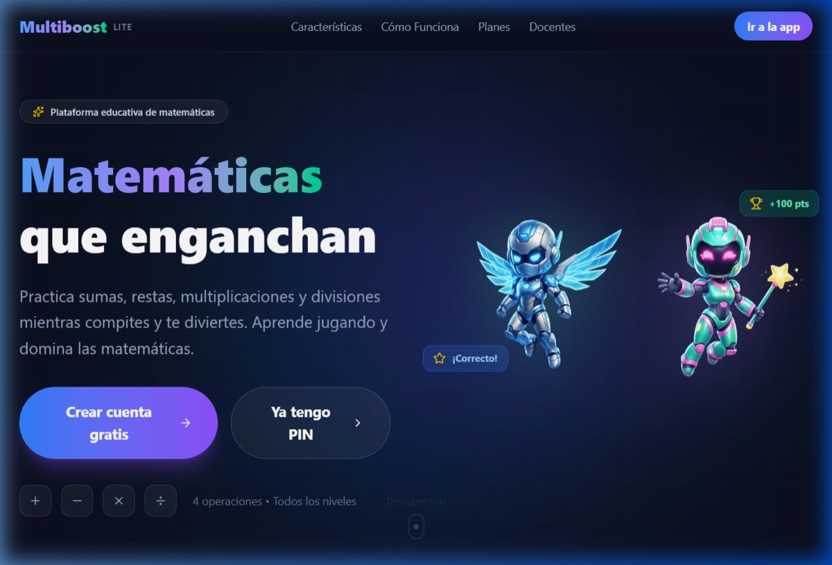 Diseño de landing page MultiBoost Lite, plataforma educativa de matemáticas